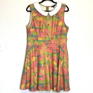 Smak Parlour Dress Plus Size 2X Whimsical Frog A-Line Folk Art Peter Pan Collar